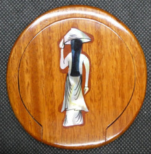 Lovely Compact Mirror in Wooden Surrounds with Mother of Pearl Inland Asian Lady