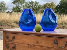 A CHARMING PAIR OF LARGE VINTAGE BLUE GLASS CEILING PENDANT LIGHT SHADES 