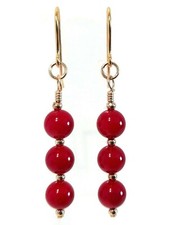9ct Gold Red Coral Earrings with Gold Beads, Natural Gemstone Bead Drop Earrings