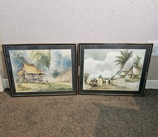 Pair Of Original Signed Watercolours By Malaysian Artist A J Rahman Rural #2