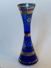 bohemian czech cobalt blue glass gold vase Hand painted Flowers Irene series