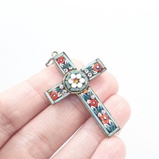 Antique Micromosaic Cross Crucifix Pendant Micro Mosaic Tiles Silver Tone Base