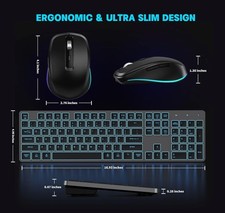 Powzan Quiet Wireless Keyboard and Mouse, Backlit, Rechargeable, slimline, grey