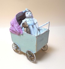 Dolls House Miniature  ARTISAN NURSERY TOY SHOP - DOLLY AND BEAR IN OLD PRAM