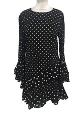 M&S Women's Dress Black & White Polka Dot Ruffle Hem Long Bell Sleeve New F1