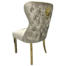 2 Mink Shiny velvet Dining Chair with Gold Legs stud button back & lion knocker