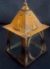 ANTIQUE ARTS & CRAFTS TEXTURED BRASS & GLASS PORCH LANTERN C1900