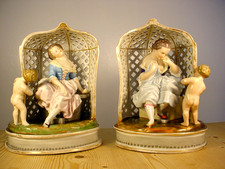 PAIR Continental Porcelain Trellis Bower Figures - Ladies & Cherubs - Leaf Mark