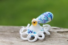 White & Blue Glass Octopus Figurine – Small Blown Lampwork Kraken – Miniature