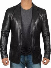 Men's Genuine Lambskin Leather Blazer Jacket Coat Two Button Black Slim Fit Coat