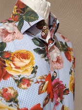 Hawes & Curtis York Slim Fit Shirt Men's L Large Floral Rose Blue Gingham Check