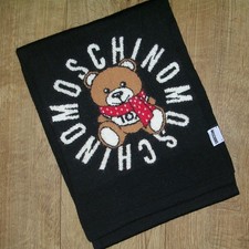 Moschino Black Wool Blend Teddy Bear Logo Scarf 11" x 61" Made in Italy