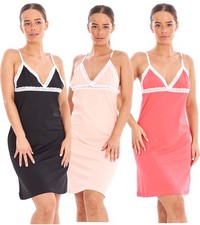 Ladies Lace Trim Strap Nightdress Chemise Slip Dress Lingerie Black Coral Peach