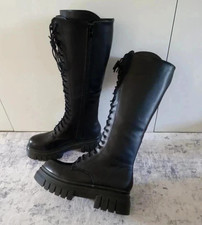 Women’s Black Knee High Platform Combat Boots Gothic Punk Chunky Lace Up Zip 3-8