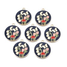 Enamel Charms Flower Moon Toadstool Butterfly Gold Base 25mm Diameter 5pcs E267