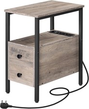 Side Table, Narrow Bedside Table with Charging Station, USB Ports and Power