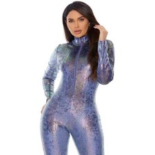Iridescent Reptile Print Catsuit Long Sleeves Zipper Lilac Purple 110553 XS/S