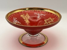 Large Judaica Murano Glass Footed Bowl Jewish Menorah Moses Star of David Moses