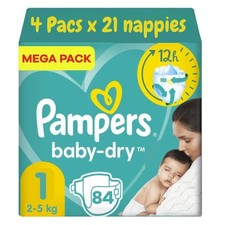 Pampers Size 1, Baby-Dry Pampers Newborn Nappies, 84 Diapers (4 Packs x 21)