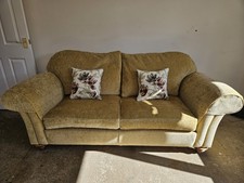 RELISTED Duresta - 2 & 3 Seater Sofa, Chair & Footstool - Gold Dabric - Used 