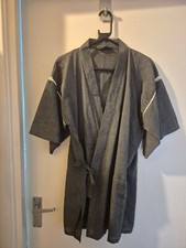 Mens Japanese Kimono & Shorts Set Grey Cotton With White Detail Yukata Loungewea