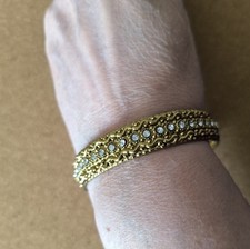 Designer Wide Goldtone Bangle. Textured Design & Crystal Embellishments  8"/20cm