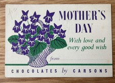 Vintage Carsons MOTHER’S DAY Chocolates GREETINGS DISPLAY CARD