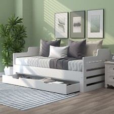 White Wooden Bed Frame Day Bed With Trundle And Large Storage Drawer Guest Bed