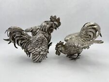Rare Pair Of Sterling Silver Fighting Cockerels / Roosters London 1928