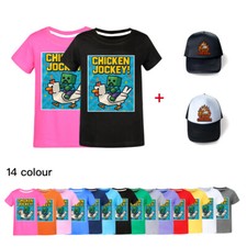 Kids Boys Girls chicken jockey Short Sleeve T shirt Casual Tops T-shirt+Cap Hat