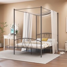 Double Size 4-Poster Modern Platform Wooden Slat Support Metal Canopy Bed Frame