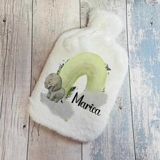 Personalised Hot Water Bottle Faux Fur Cover Elephant Rainbow Gift
