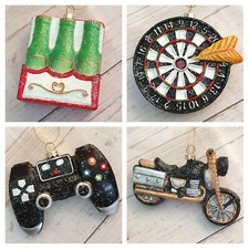 Boys Men's Christmas Tree Bauble, Games Controller, Dart Board, Beer, Motorbike 
