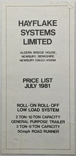 Original Hayflake Low Loading Trailer Price List, 1981, 2 Ton - 10 Ton Capacity