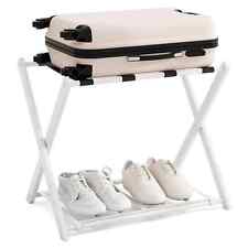 COSTWAY Luggage Rack Folding Suitcase Stand with Storage Shelf-White