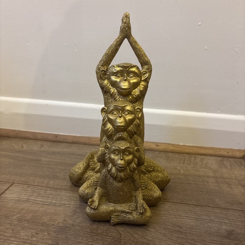 Gold yoga monkeys statue - gold, 25cm