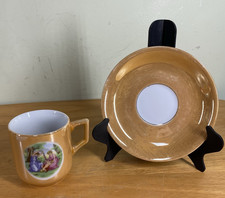 Vintage Gold Luster Ware Cherub Demitasse Tea Cup & Saucer Victorian Scene Japan