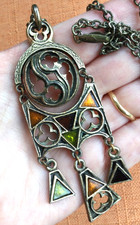 Vintage Miracle Necklace, Articulated Scottish Celtic Green Orange Glass, signed