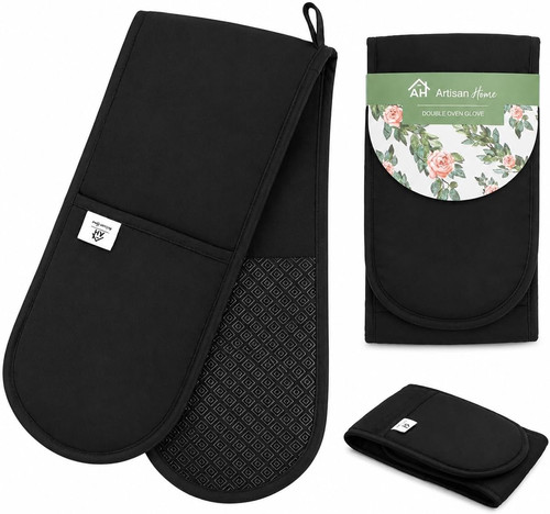 Black double oven gloves - black,