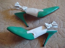 ~ JACQUES VERT ~ Leather SLINGBACK Bow Trim side / back 3" STILETTO SHOES Aqua 6
