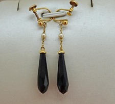 ANTIQUE EDWARDIAN GOLD EARRINGS - ONYX TORPEDO DROPS Downton Abbey
