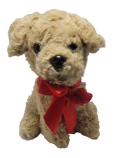 BEIGH PUPPY DOG WITH RED BOW CUDDLY 8"PLUSH SOFT TOY TEDDY