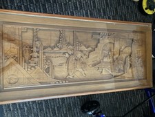 Vintage Large carved oblong wooden Chinese coffee table with glass plate top