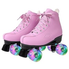 Women's Pink Roller Skates High-Top DoubleRow Quad Skates with Flash Wheel sz 41