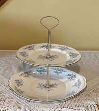 Vintage Colclough China Coppelia Pink & Blue Flowers 2 Tier CAKE STAND