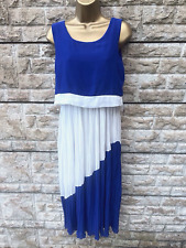 Ladies Blue/White Sleeveless Pleated Skirt Lined Smart Midi Dress UK S/M