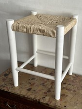Vintage Rustic French Painted White Wood/Woven Rush/Seagrass Seat Stool