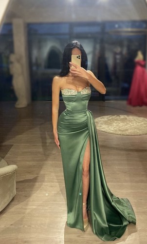 Emerald green satin evening - green,