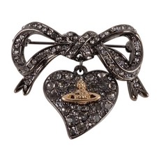 Vintage Art Deco Look Heart Bow Brooch Antique Plated Gold Crystal Pin Orb Gift