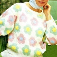  DK Ladies Jumper with Daisy Flower Pattern... Knitting Pattern 32-42 inch